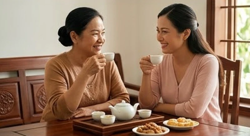 Mơ thấy mẹ có bầu: Điềm báo phong thủy và con số may mắn 4 Người mẹ chồng và con dâu ngồi uống trà trò chuyện vui vẻ bên khay bánh mứt kiểu truyền thống