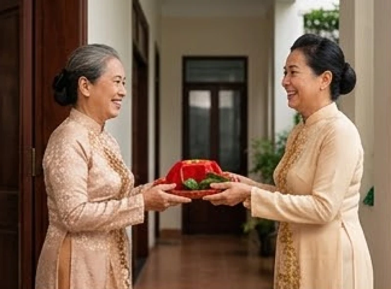 Văn khấn xin dâu chuẩn phong tục: Kịch bản và bài khấn chi tiết 3 Hai bà thông gia tươi cười trao và nhận mâm lễ xin dâu nhỏ trước cửa nhà gái