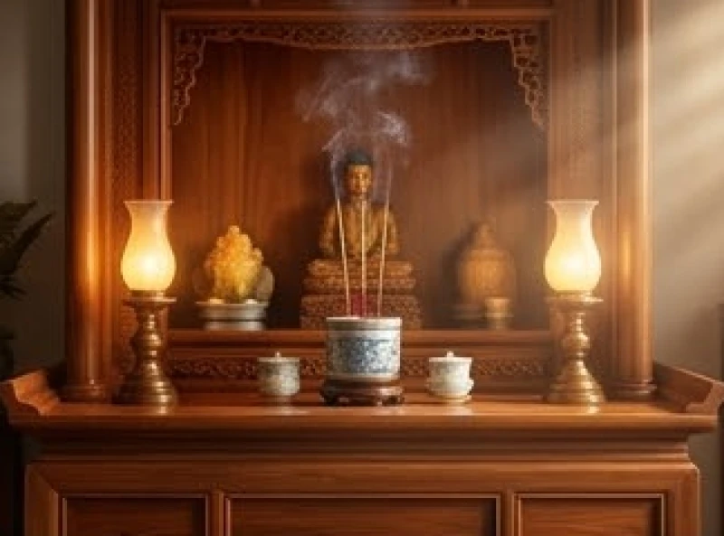 Bàn thờ gia tiên truyền thống ấm cúng với hương khói nghi ngút đại diện cho sự kết nối tâm linh thế hệ