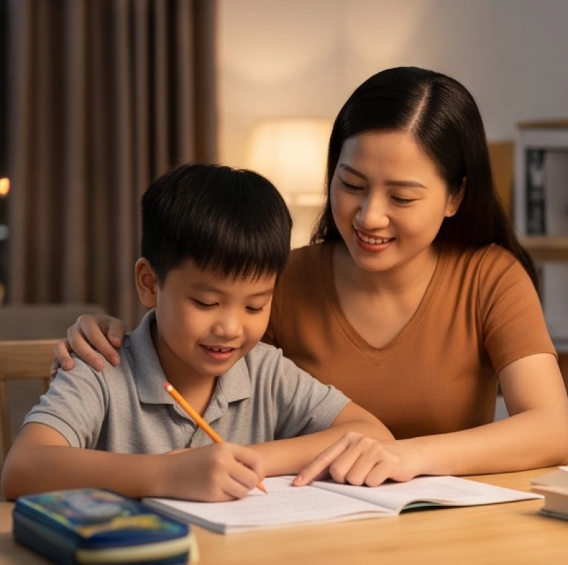 Mẹ đang ngồi cạnh hướng dẫn và mỉm cười động viên con trai ôn tập bài vở buổi tối