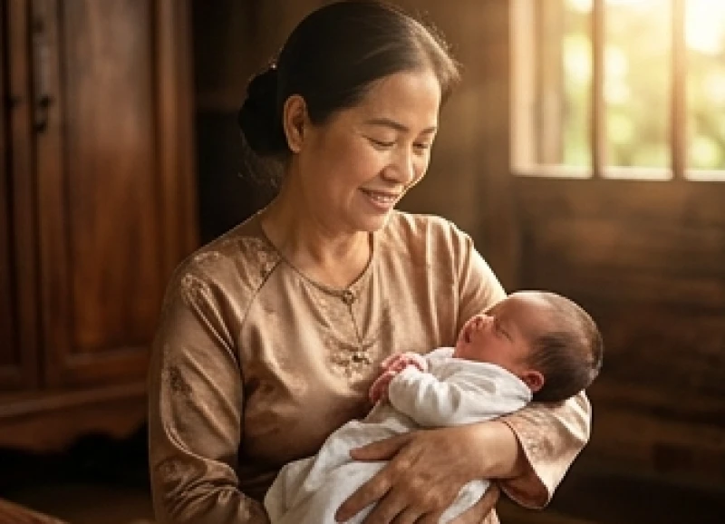 Người mẹ hiền từ âu yếm bế đứa con nhỏ trên tay rạng rỡ niềm hạnh phúc ngập tràn trong tổ ấm