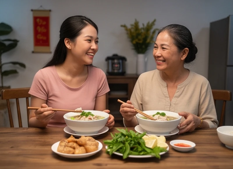 Bữa cơm gia đình đầm ấm và vui vẻ giữa cô gái cùng gia đình của người yêu