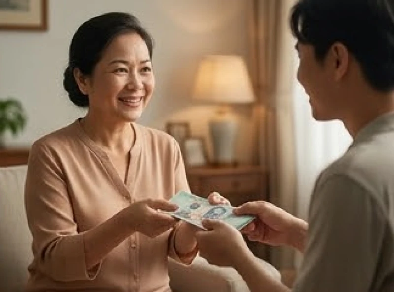 Người mẹ hiền từ mỉm cười trao xấp tiền mới cho người con thể hiện sự bao bọc và hỗ trợ tài chính