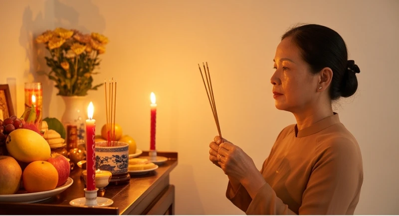 Người mẹ đang chắp tay thành kính thắp nhang trước bàn thờ tổ tiên để cầu nguyện nhân duyên cho con cái