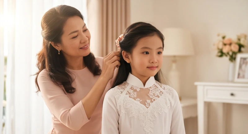 Cô dâu trẻ mặc áo dài trắng đang được người mẹ chăm chút lại mái tóc trước giờ cử hành hôn lễ