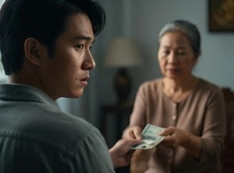 Ánh mắt suy tư của một người khi chứng kiến cảnh người khác nhận được tiền lộc phản ánh nỗi lo sợ mất cơ hội