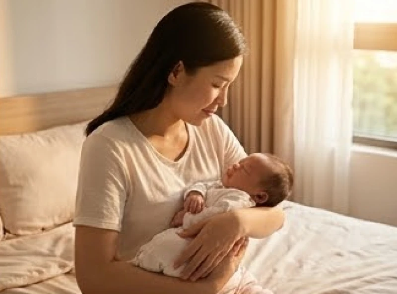 Người mẹ trẻ ôm con sơ sinh ngủ bình yên trong không gian quen thuộc và ấm cúng tại nhà ngoại