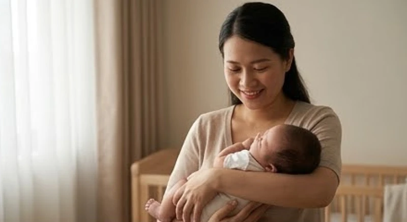 Văn khấn báo cáo gia tiên khi sinh con: Bài cúng tạ ơn & lễ vật 2 Người mẹ mỉm cười bế trẻ sơ sinh vừa ngủ say trong không gian phòng cữ yên tĩnh và ấm áp