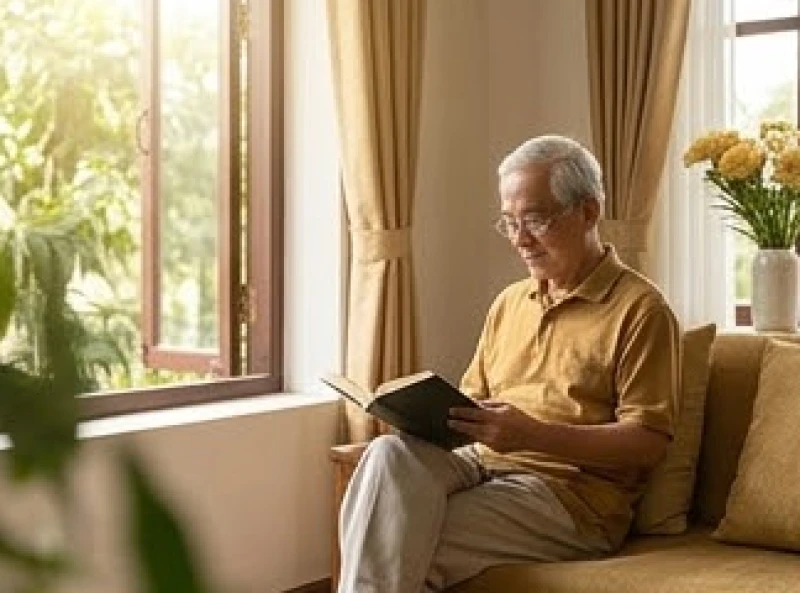 Người lớn tuổi mệnh Bạch Lạp Kim đang thư giãn đọc sách trong không gian phòng khách thanh tịnh