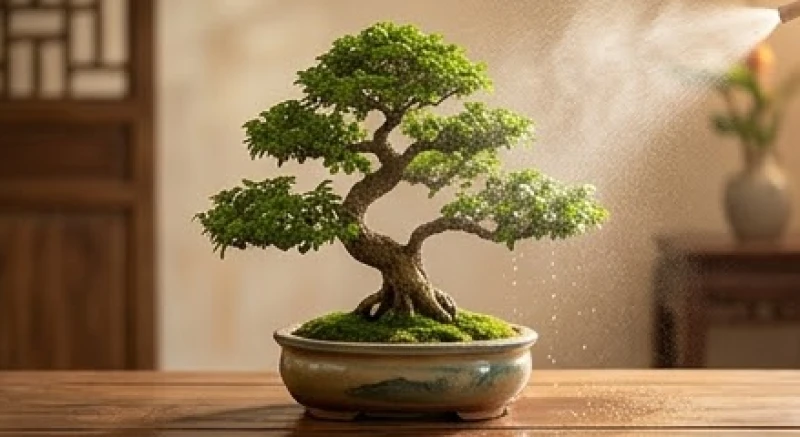 Cây bonsai nhỏ sinh trưởng mạnh mẽ nhờ nguồn nước tưới mát lành trong chậu gốm