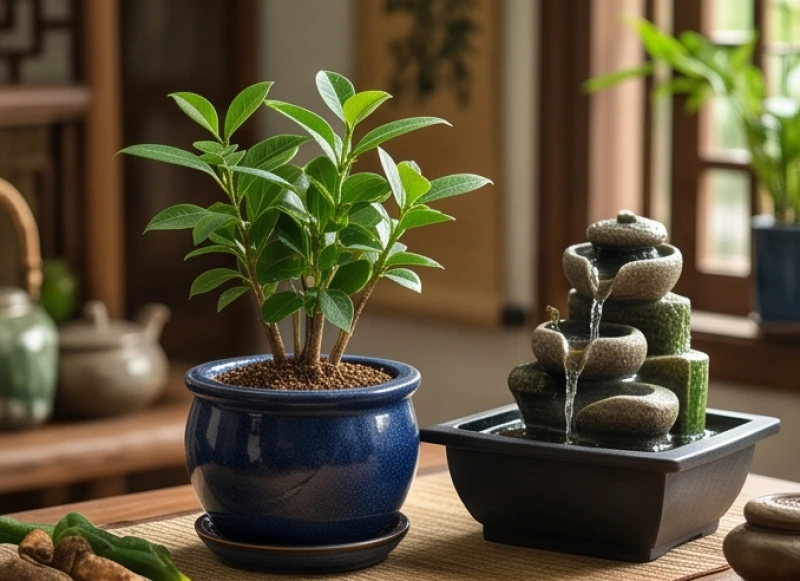 Bố cục phong thủy với cây xanh và nước đại diện cho mệnh Bình Địa Mộc