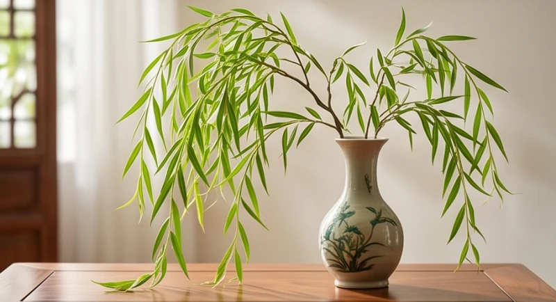 Cành liễu rủ xanh mướt được cắm trong bình gốm tinh tế thể hiện vẻ đẹp thanh tao của người mệnh Mộc