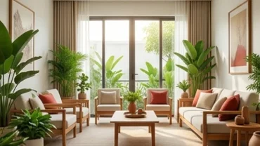 Không gian sống chuẩn phong thủy với nhiều cây xanh và nội thất gỗ giải đáp thắc mắc mệnh hỏa hợp mệnh gì