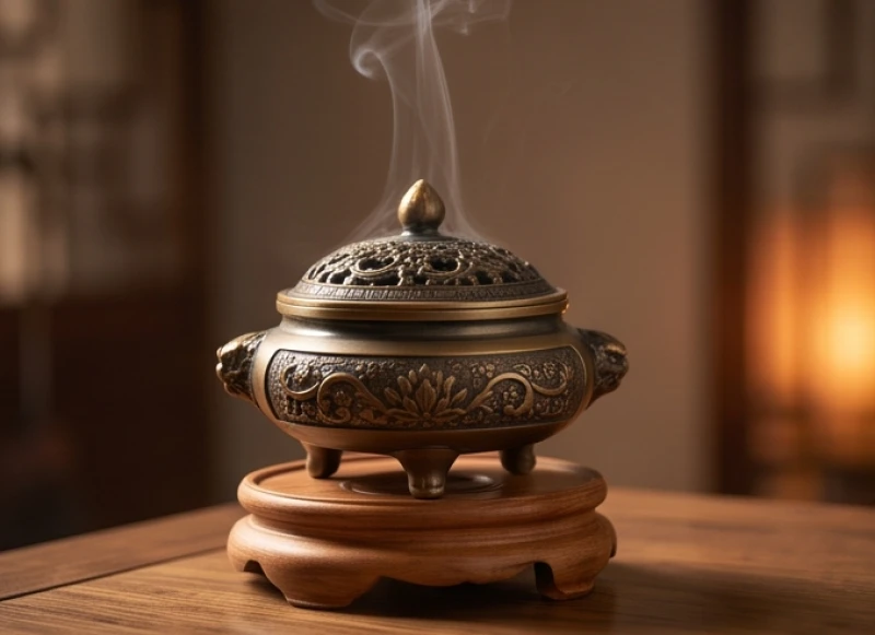 Lò hương trầm bằng đồng đang tỏa khói nhẹ nhàng đại diện cho nạp âm Lư Trung Hỏa của tuổi Bính Dần