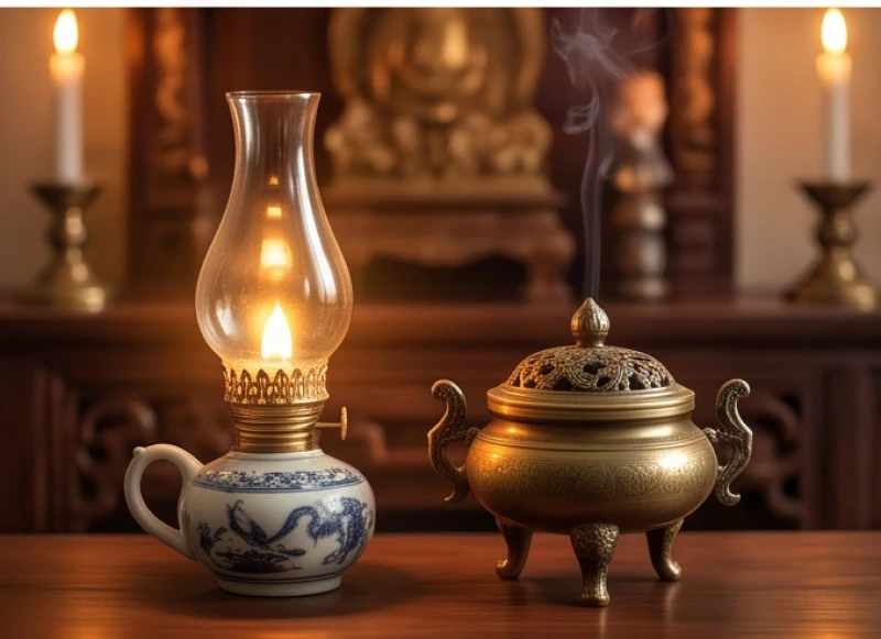Ngọn đèn dầu cổ bằng gốm đang cháy sáng rực rỡ bên cạnh lư hương tĩnh tại