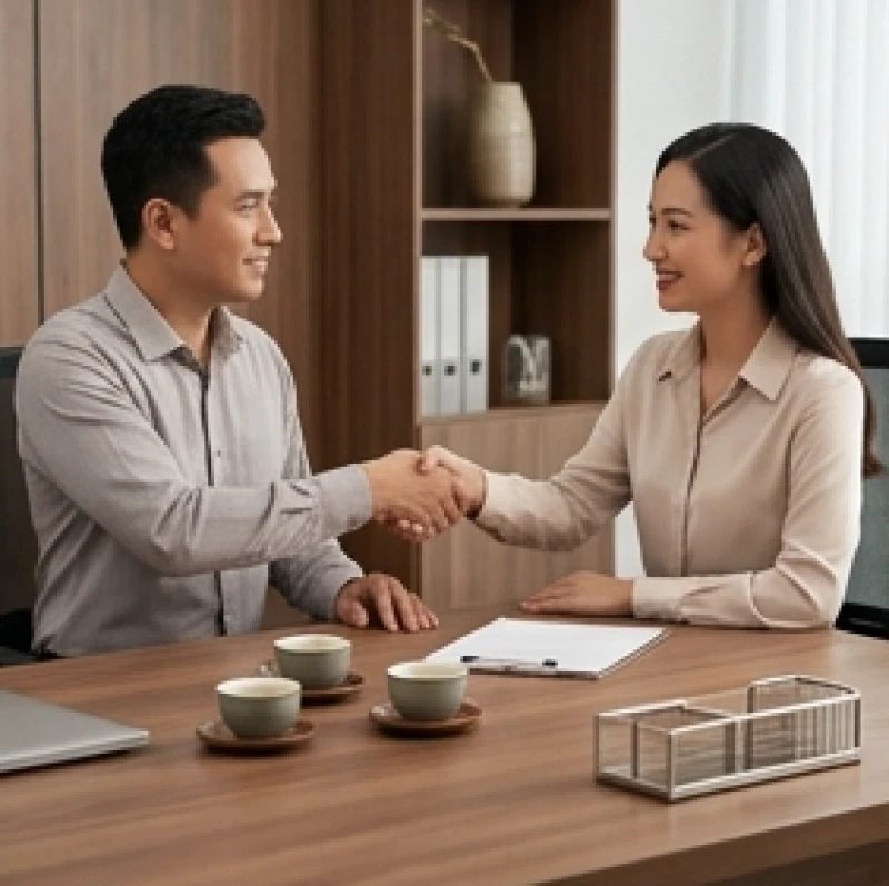 Mệnh Kim hợp mệnh gì: Chi tiết nạp âm, tuổi làm ăn và kết hôn 4 Hai người đối tác đang mỉm cười bắt tay nhau qua bàn làm việc bằng gỗ sồi sang trọng