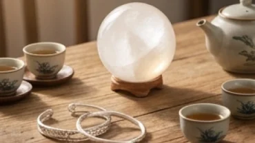 Không gian phong thủy tinh tế với quả cầu thạch anh trắng và vòng tay kim loại tượng trưng cho mệnh kim hợp mệnh gì