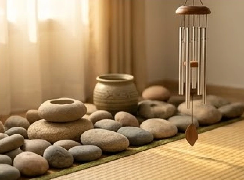 Tuổi Sửu nhập trạch ngày nào tốt: lịch 12 tháng & mâm cúng 6 Biểu tượng ngũ hành bằng gốm sứ và đá tự nhiên được bài trí tinh tế trên kệ gỗ
