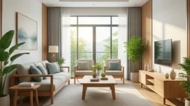 Không gian phòng khách xanh mát tràn ngập ánh sáng tự nhiên thể hiện rõ mệnh mộc hợp hướng nào nhất