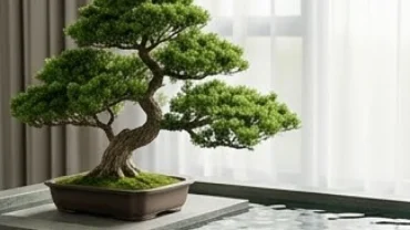 Cây bonsai xanh tốt đặt cạnh hồ nước êm đềm thể hiện rõ nét mệnh mộc hợp mệnh gì trong phong thủy