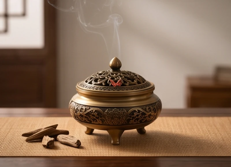 Lò trầm hương đang tỏa khói nghi ngút bên cạnh những nhánh gỗ mục vượng khí tương sinh