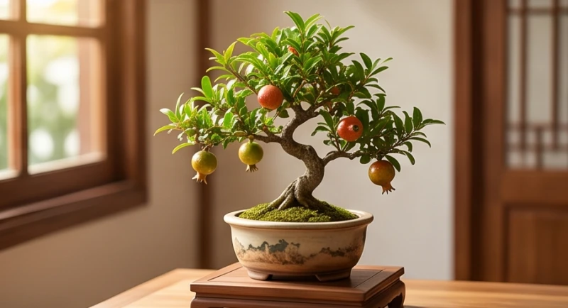 Tuổi Thân khắc tuổi nào: Giải mã chi tiết và cách hóa giải 4 Chậu cây lựu bonsai nhỏ với cành lá xanh tốt tượng trưng cho bản mệnh Thạch Lựu Mộc