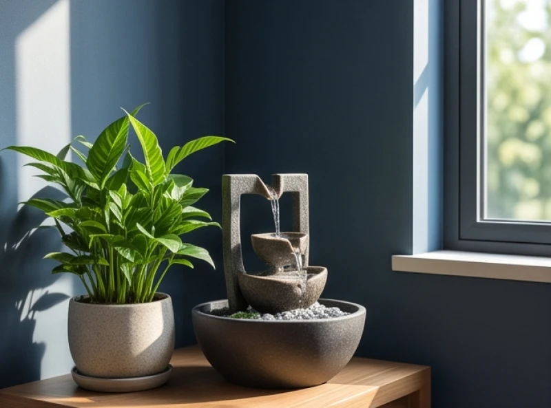 Mảng tường màu xanh dương và cây tiểu cảnh trang trí đại diện cho mệnh Tang Đố Mộc của người sinh năm 1973