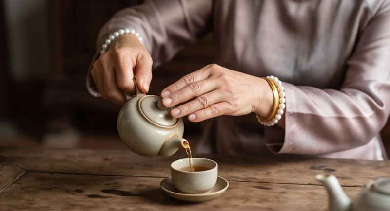 Cụ bà mệnh Tuyền Trung Thủy thưởng trà an nhiên trong không gian phòng khách mộc mạc