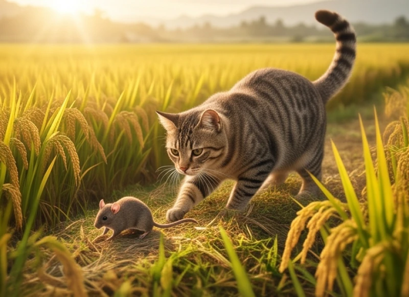 Chú mèo mướp đang rình bắt chuột giữa cánh đồng lúa chín vàng vào buổi sáng sớm