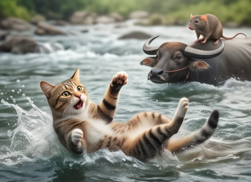Chú mèo hốt hoảng rơi xuống dòng nước xiết do bị chuột đẩy ngã từ trên lưng trâu