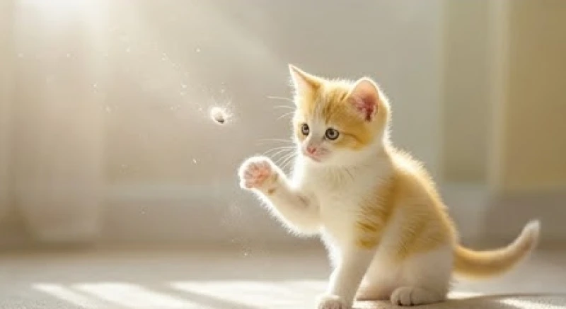 Chú mèo con có bộ lông pha trộn giữa màu vàng và trắng đang vui đùa dưới ánh nắng ấm áp
