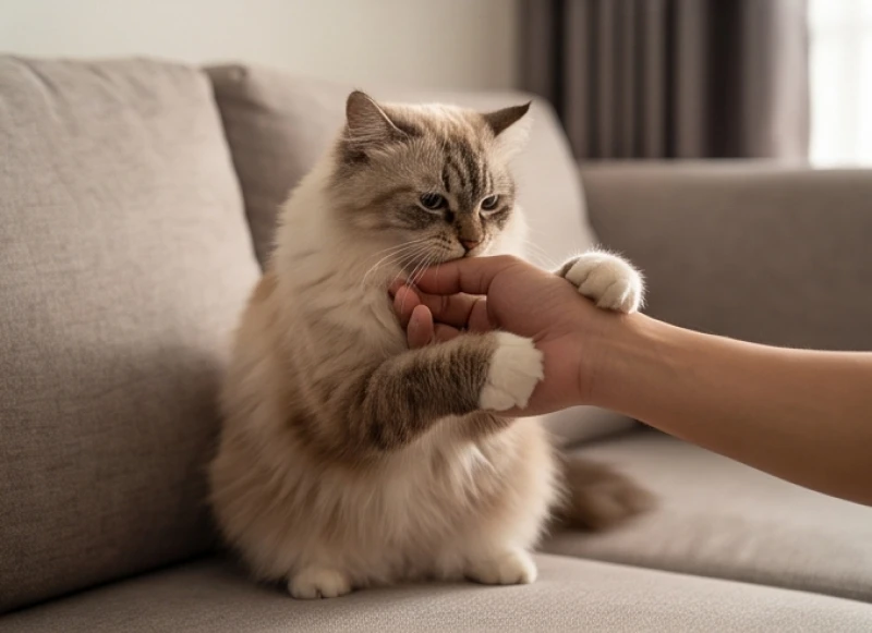 Chú mèo cưng lông mượt đang dùng móng vuốt chơi đùa nhẹ nhàng với tay chủ nhân trên chiếc ghế sofa