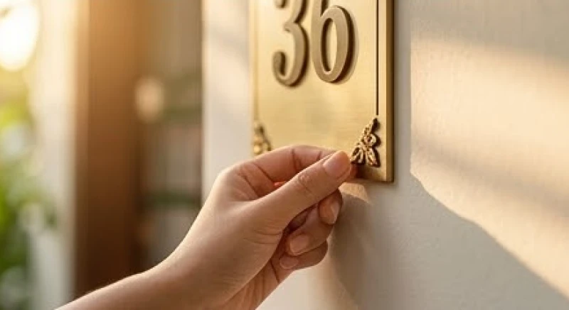 Số nhà hợp tuổi Hợi: Cách tính ngũ hành biển số nhiều ký tự 7 Bàn tay đang cẩn thận dán một chi tiết trang trí nhỏ lên góc của chiếc biển số nhà bằng kim loại