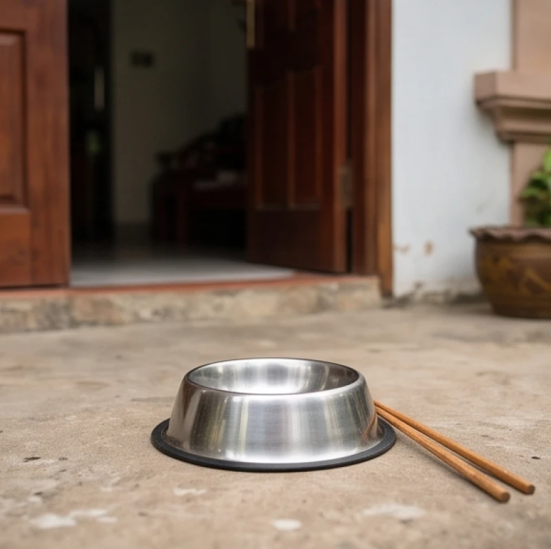 Chiếc bát ăn quen thuộc của chó được đặt lật úp ngoài cửa chính theo mẹo dân gian