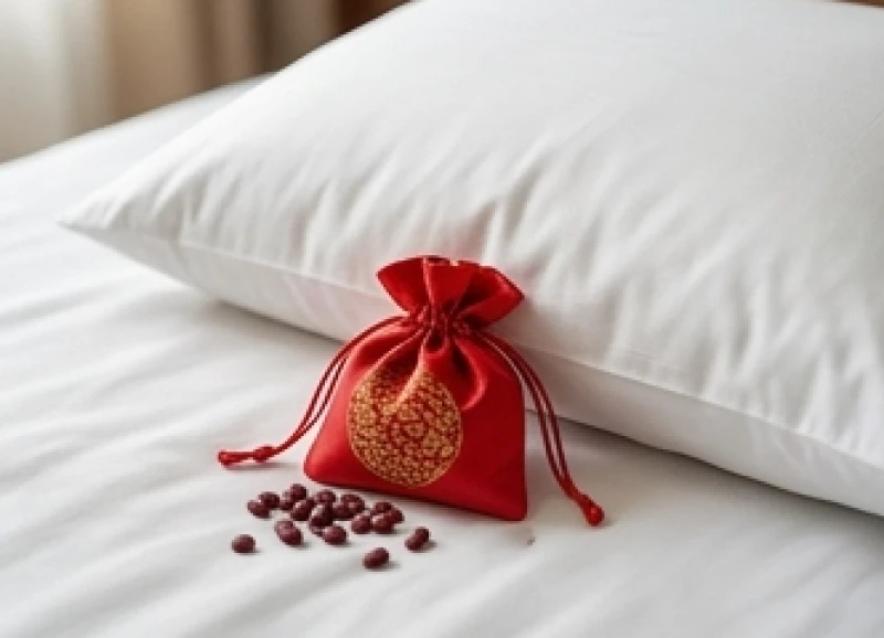 Túi gấm màu đỏ đựng những hạt đậu tươi được đặt gọn gàng dưới gối ngủ để cầu bình an