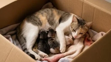 Mèo mẹ và đàn con khỏe mạnh nằm gọn trong ổ ấm áp thể hiện ý nghĩa tốt lành của điềm báo mèo đẻ trong nhà