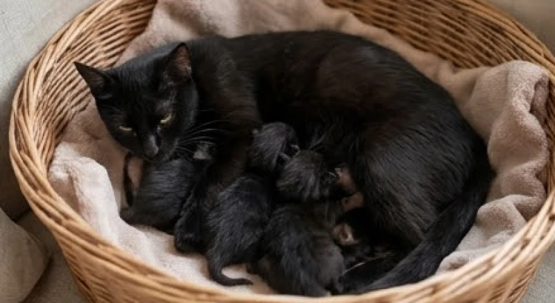 Thấy Mèo Đen Là Điềm Gì: Giải Mã Điềm Báo và Cách Hóa Giải 5 Mèo đen mẹ đang ôm ấp và chăm sóc bầy mèo con bé nhỏ nằm trong một chiếc giỏ lót vải ấm áp