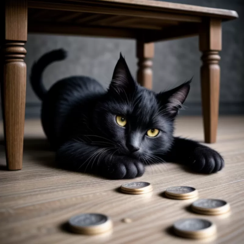 Mèo đen nằm dưới gầm bàn có nhiều đồng xu