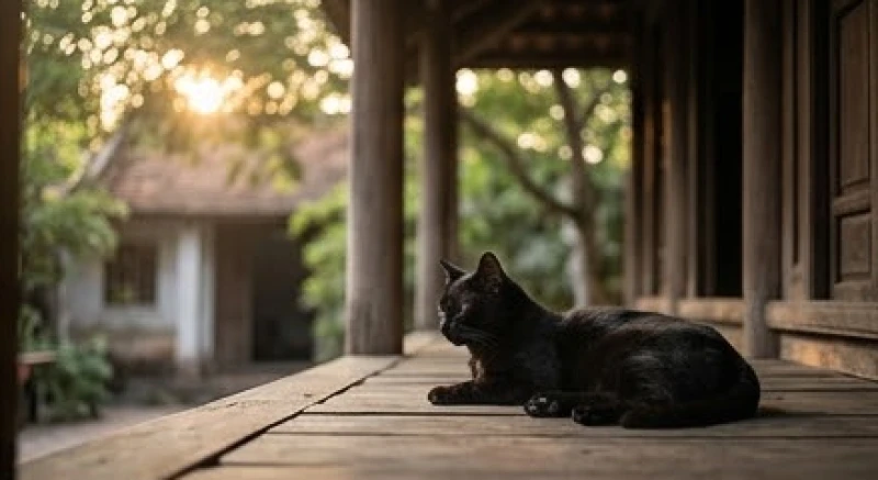Mèo đen chết là điềm gì? Điềm báo và cách xử lý đúng tâm linh 2 Chú mèo đen già nằm yên bình bên hiên nhà gỗ, mang ý nghĩa gánh vác vận hạn cho gia chủ theo quan niệm dân gian