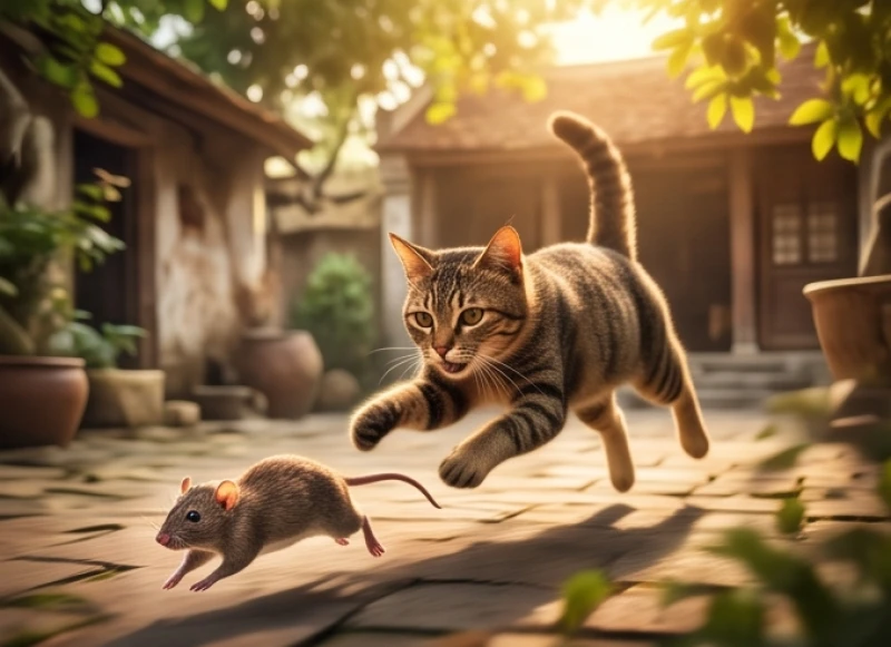 Mèo tức giận đuổi theo chuột do bị lừa ngủ quên trong ngày thi lên thiên đình