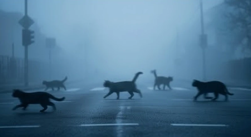 Mơ thấy mèo hoang: Phân biệt mèo nhà & bộ số phong thủy chuẩn 7 Hình bóng mờ ảo của nhiều con mèo hoang đang chạy tán loạn qua một ngã tư đường vắng vẻ