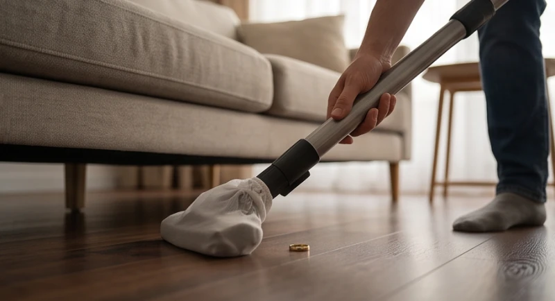 Mất nhẫn cưới là điềm gì: Cách xử lý êm đẹp và quy tắc mua lại 3 Dùng máy hút bụi bọc tất mỏng ở đầu ống hút để tìm kiếm nhẫn cưới dưới gầm sofa