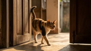 Giải mã mèo lạ vào nhà là điềm gì qua hình ảnh chú mèo tam thể bước qua bậu cửa nhà mang đến vượng khí
