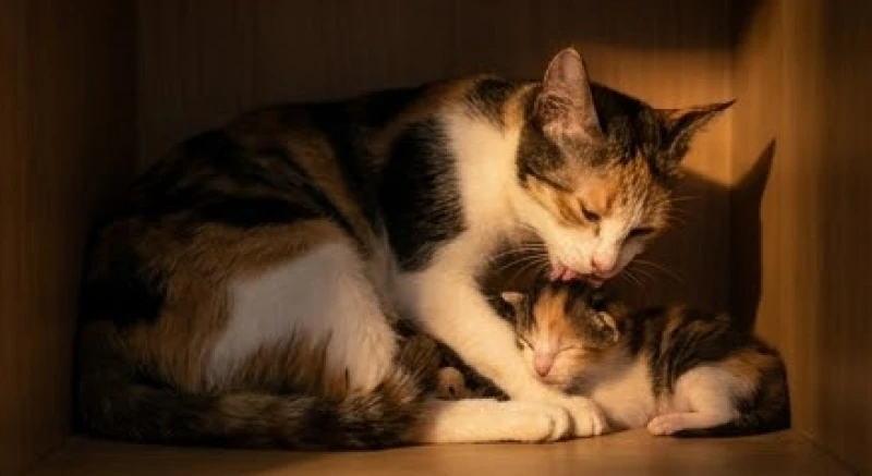 Mèo đẻ trong nhà là điềm gì: Luận giải theo màu lông, số con 5 Mèo mẹ lông tam thể cẩn thận chăm sóc đàn con nhỏ vừa chào đời trong góc tủ