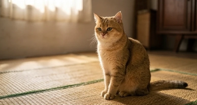 Chú mèo mướp vàng với bộ lông rực rỡ ngồi ngoan ngoãn trên thảm sàn nhà mang ý nghĩa phong thủy tốt lành