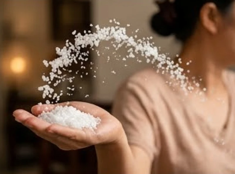 Bàn tay đang nắm chặt một vốc muối biển hạt to để chuẩn bị ném qua vai hóa giải năng lượng xấu