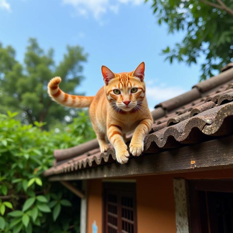 Mèo nhảy lên mái nhà