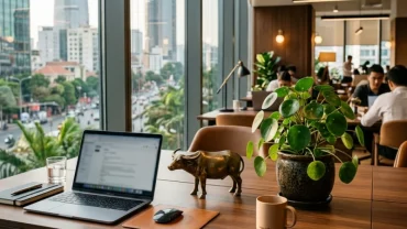 Bàn làm việc bố trí các mẹo phong thủy giúp tuổi sửu thăng tiến trong sự nghiệp với tượng linh vật và cây cảnh