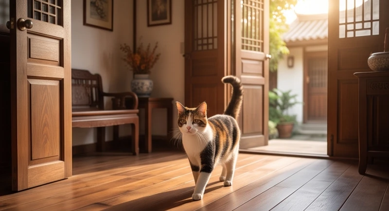 Mơ thấy mèo tam thể: Điềm báo tài lộc và con số may mắn 2 Chú mèo ba màu đang thong thả bước vào phòng khách với ánh nắng ấm áp chiếu qua cửa sổ