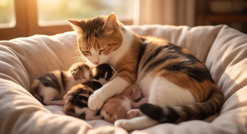 Mơ thấy mèo tam thể: Điềm báo tài lộc và con số may mắn 3 Mèo tam thể mẹ đang âu yếm chăm sóc đàn mèo con bé bỏng trong một chiếc ổ ấm áp